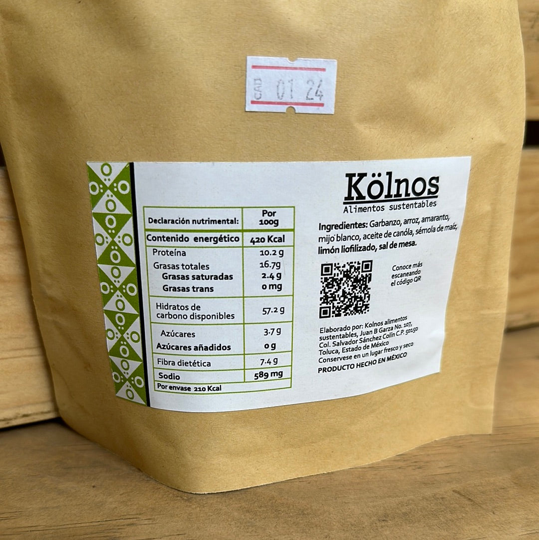 BOTANA HORNEADA DE HARINA DE GARBANZO Y AMARANTO SABOR LIMON Y SAL KOLNOS